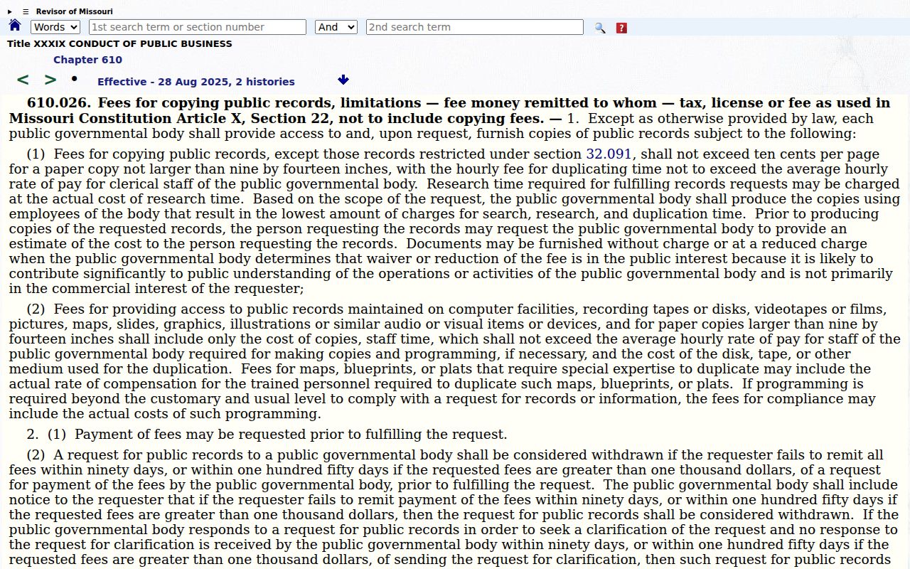 Missouri public-record copying-fee statute used for Reynolds County court copy fee context