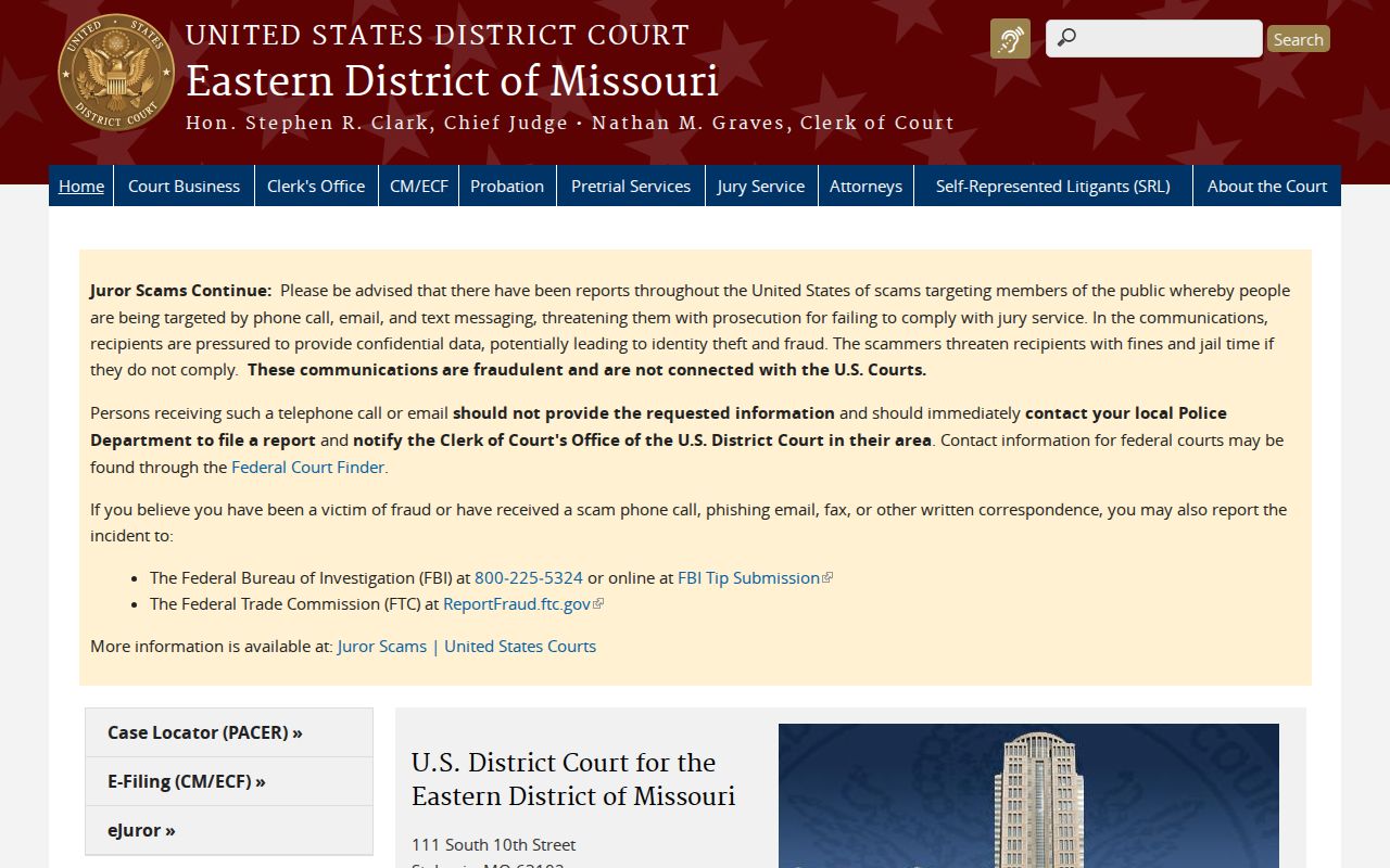 Eastern District of Missouri federal court page for records outside Reynolds County Circuit Court