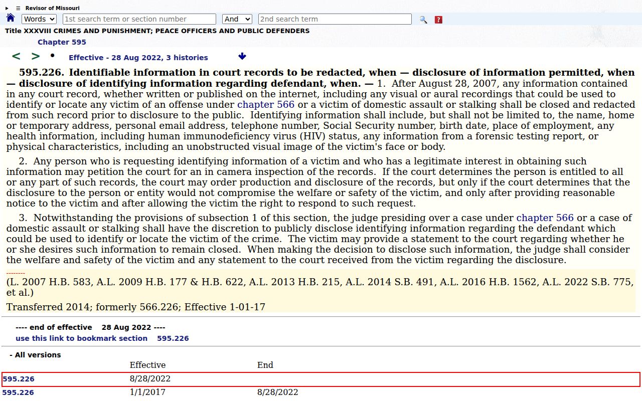 Missouri victim-identifying-information redaction statute relevant to restricted Reynolds County court records