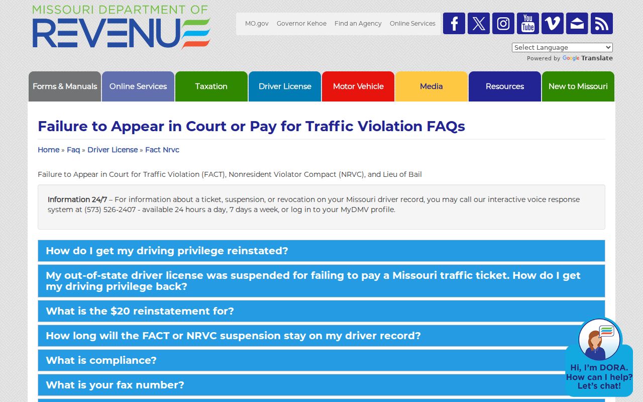 Missouri Department of Revenue FACT and NRVC guidance for Reynolds County traffic court compliance routing